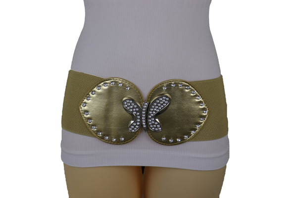 Brand New Women Gold Faux Leather Wide Elastic Fashion Belt Silver Metal Butterfly Fit S M