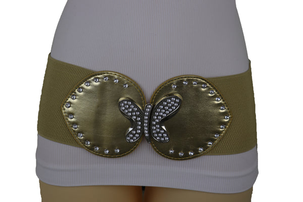 Brand New Women Gold Faux Leather Wide Elastic Fashion Belt Silver Metal Butterfly Fit S M