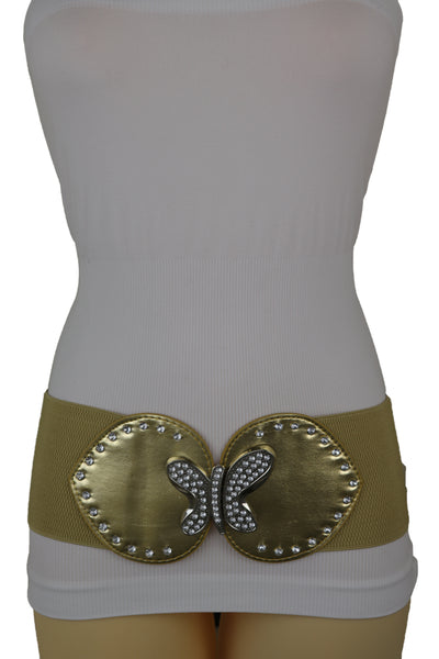 Brand New Women Gold Faux Leather Wide Elastic Fashion Belt Silver Metal Butterfly Fit S M