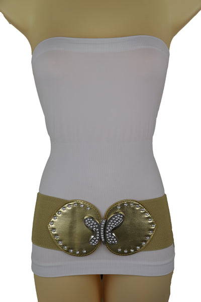 Brand New Women Gold Faux Leather Wide Elastic Fashion Belt Silver Metal Butterfly Fit S M