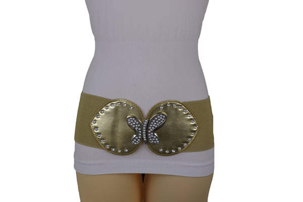 Brand New Women Gold Faux Leather Wide Elastic Fashion Belt Silver Metal Butterfly Fit S M