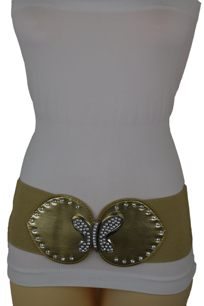 Brand New Women Gold Faux Leather Wide Elastic Fashion Belt Silver Metal Butterfly Fit S M