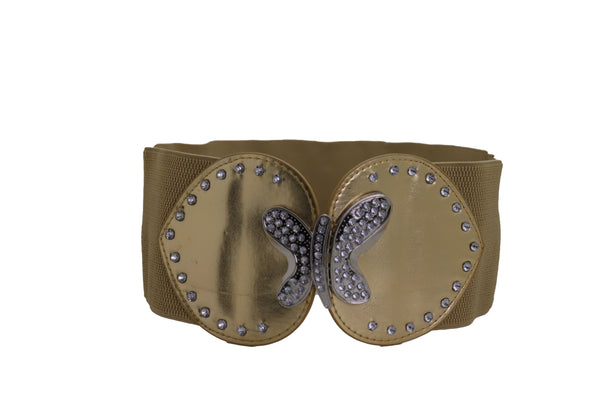 Brand New Women Gold Faux Leather Wide Elastic Fashion Belt Silver Metal Butterfly Fit S M