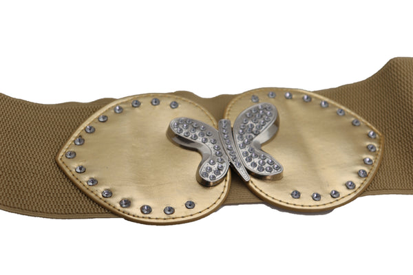 Brand New Women Gold Faux Leather Wide Elastic Fashion Belt Silver Metal Butterfly Fit S M
