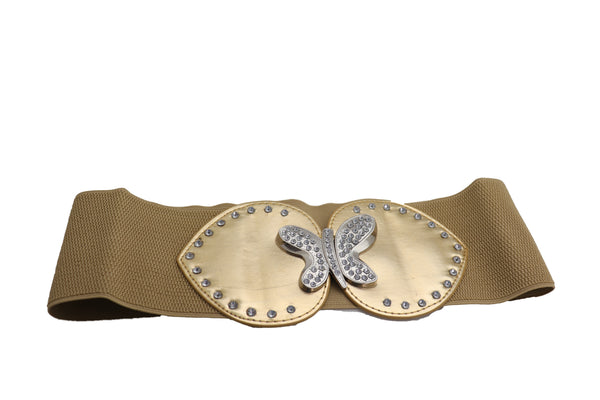 Brand New Women Gold Faux Leather Wide Elastic Fashion Belt Silver Metal Butterfly Fit S M