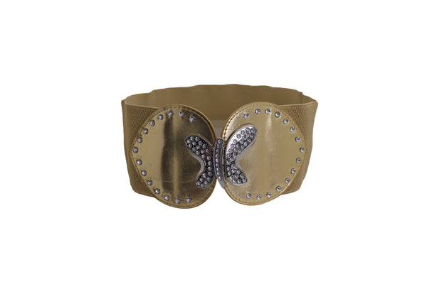 Brand New Women Gold Faux Leather Wide Elastic Fashion Belt Silver Metal Butterfly Fit S M