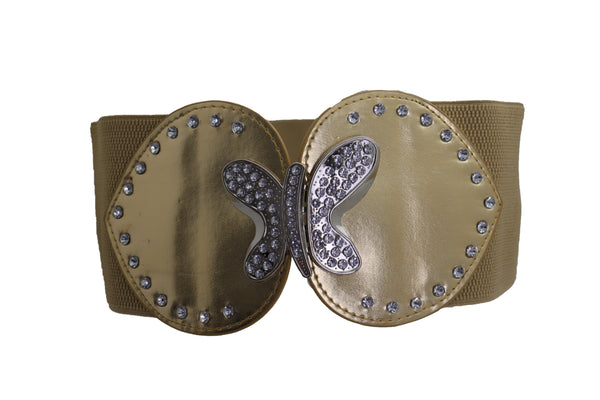 Brand New Women Gold Faux Leather Wide Elastic Fashion Belt Silver Metal Butterfly Fit S M