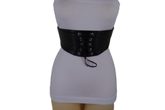 Black Faux Leather Elastic Corset Fashion Tie Belt Hip High Waist Size S M