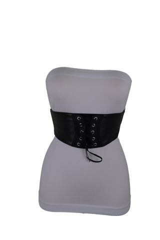 Brand New Women Black Faux Leather Elastic Corset Fashion Tie Belt Hip High Waist Size S M