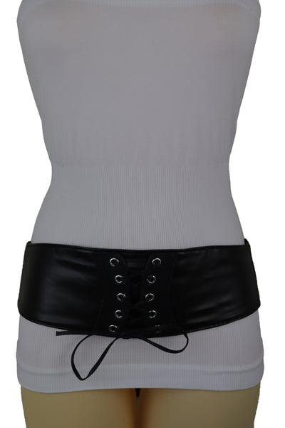 Brand New Women Black Faux Leather Elastic Corset Fashion Tie Belt Hip High Waist Size S M