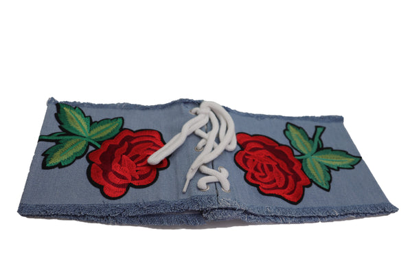 Brand New Women Wide Light Blue Denim Fabric High Waist Corset Belt Red Rose Flower Size M
