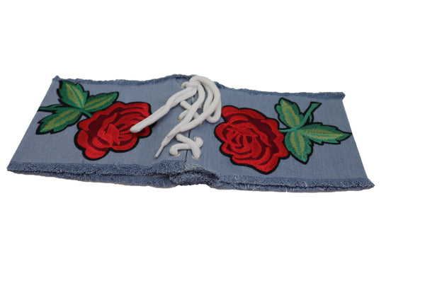 Brand New Women Wide Light Blue Denim Fabric High Waist Corset Belt Red Rose Flower Size M