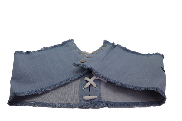 Brand New Women Wide Light Blue Denim Fabric High Waist Corset Belt Red Rose Flower Size M