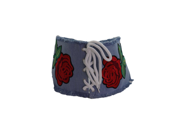 Brand New Women Wide Light Blue Denim Fabric High Waist Corset Belt Red Rose Flower Size M