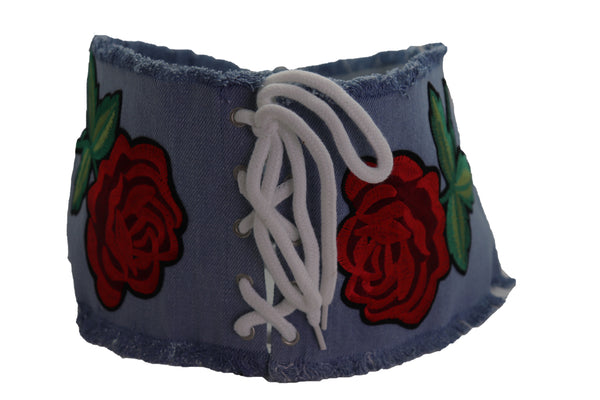 Brand New Women Wide Light Blue Denim Fabric High Waist Corset Belt Red Rose Flower Size M