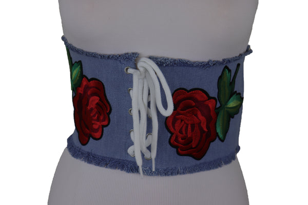 Brand New Women Wide Light Blue Denim Fabric High Waist Corset Belt Red Rose Flower Size M