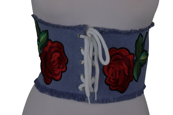 Brand New Women Wide Light Blue Denim Fabric High Waist Corset Belt Red Rose Flower Size M