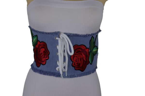 Brand New Women Wide Light Blue Denim Fabric High Waist Corset Belt Red Rose Flower Size M