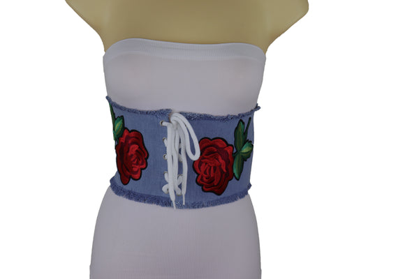 Brand New Women Wide Light Blue Denim Fabric High Waist Corset Belt Red Rose Flower Size M