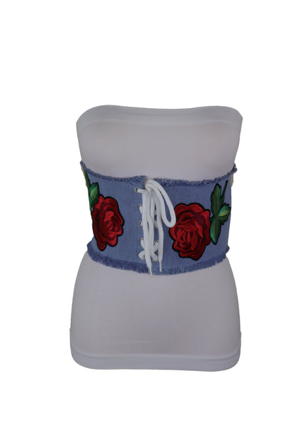 Brand New Women Wide Light Blue Denim Fabric High Waist Corset Belt Red Rose Flower Size M