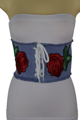 Wide Light Blue Denim Fabric High Waist Corset Belt Red Rose Flower Size M