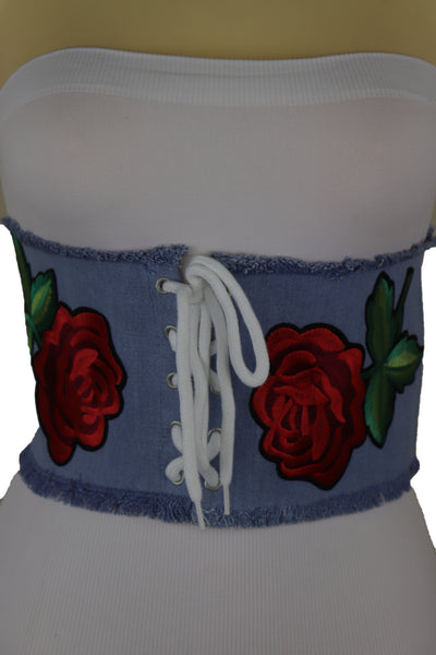 Brand New Women Wide Light Blue Denim Fabric High Waist Corset Belt Red Rose Flower Size M