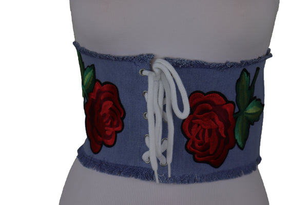 Brand New Women Wide Light Blue Denim Fabric High Waist Corset Belt Red Rose Flower Size M