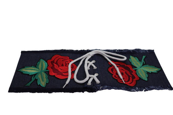 Brand New Women Wide Blue Denim Fabric Corset Fashion Belt Hip Waist Red Flower Size S M
