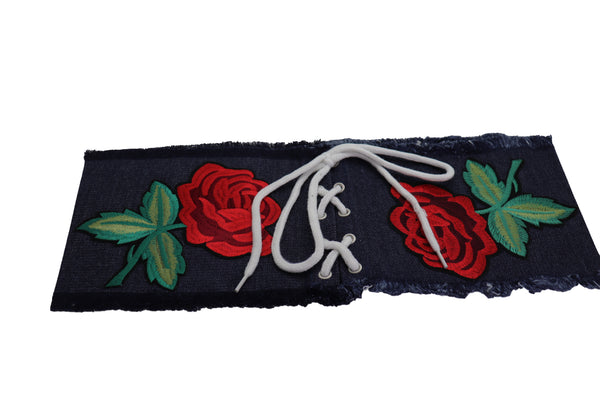 Brand New Women Wide Blue Denim Fabric Corset Fashion Belt Hip Waist Red Flower Size S M