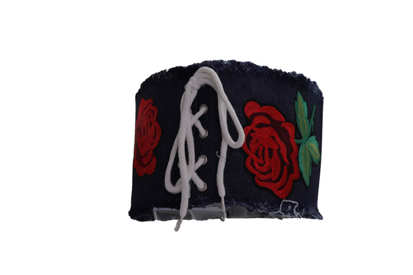 Brand New Women Wide Blue Denim Fabric Corset Fashion Belt Hip Waist Red Flower Size S M