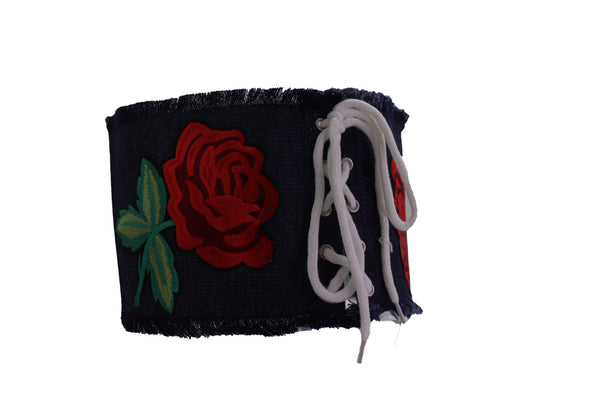 Brand New Women Wide Blue Denim Fabric Corset Fashion Belt Hip Waist Red Flower Size S M