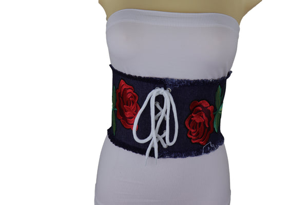 Brand New Women Wide Blue Denim Fabric Corset Fashion Belt Hip Waist Red Flower Size S M