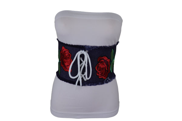Brand New Women Wide Blue Denim Fabric Corset Fashion Belt Hip Waist Red Flower Size S M