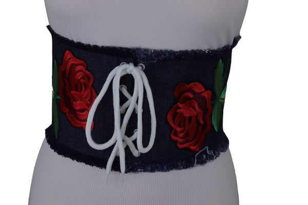 Brand New Women Wide Blue Denim Fabric Corset Fashion Belt Hip Waist Red Flower Size S M