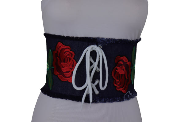Brand New Women Wide Blue Denim Fabric Corset Fashion Belt Hip Waist Red Flower Size S M