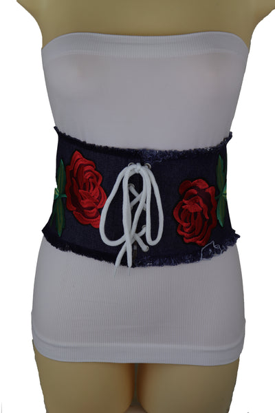Brand New Women Wide Blue Denim Fabric Corset Fashion Belt Hip Waist Red Flower Size S M