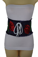Wide Blue Denim Fabric Corset Fashion Belt Hip Waist Red Flower Size S M