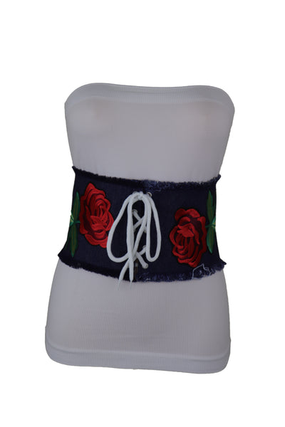 Brand New Women Wide Blue Denim Fabric Corset Fashion Belt Hip Waist Red Flower Size S M