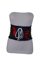 Wide Blue Denim Fabric Corset Fashion Belt Hip Waist Red Flower Size S M