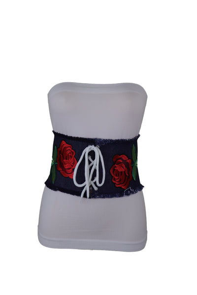 Brand New Women Wide Blue Denim Fabric Corset Fashion Belt Hip Waist Red Flower Size S M