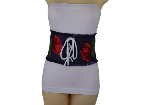 Brand New Women Wide Blue Denim Fabric Corset Fashion Belt Hip Waist Red Flower Size S M