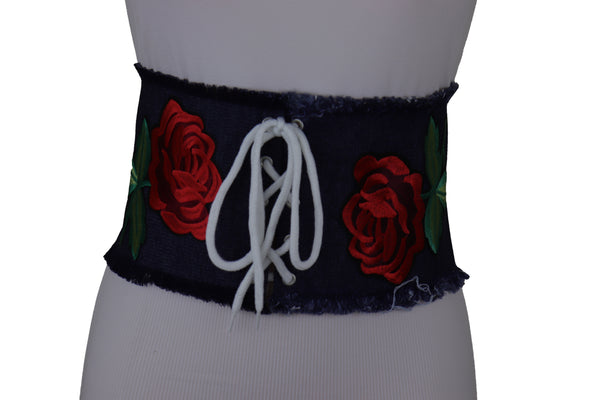 Brand New Women Wide Blue Denim Fabric Corset Fashion Belt Hip Waist Red Flower Size S M