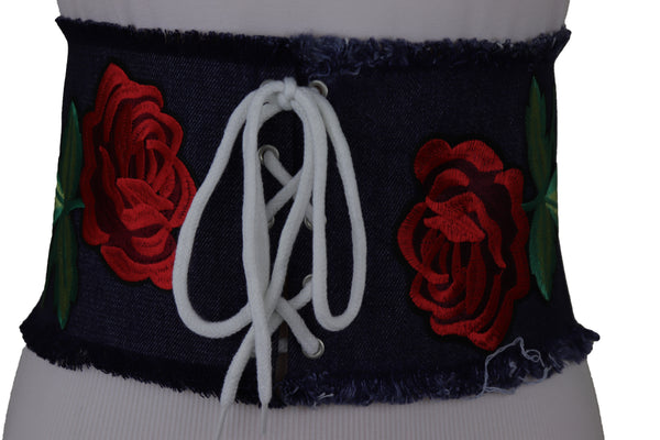 Brand New Women Wide Blue Denim Fabric Corset Fashion Belt Hip Waist Red Flower Size S M