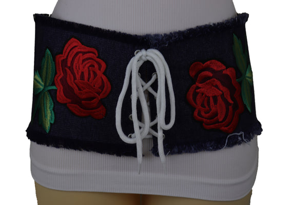 Brand New Women Wide Blue Denim Fabric Corset Fashion Belt Hip Waist Red Flower Size S M