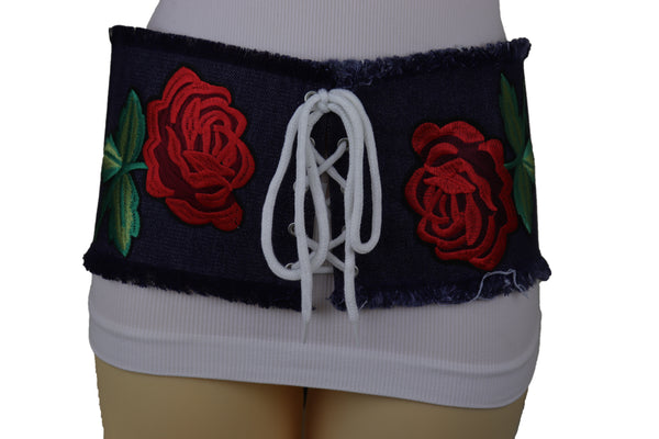 Brand New Women Wide Blue Denim Fabric Corset Fashion Belt Hip Waist Red Flower Size S M