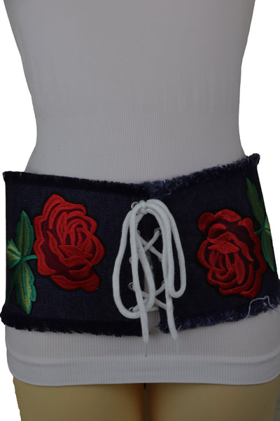 Brand New Women Wide Blue Denim Fabric Corset Fashion Belt Hip Waist Red Flower Size S M