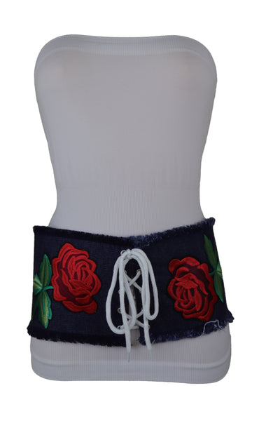 Brand New Women Wide Blue Denim Fabric Corset Fashion Belt Hip Waist Red Flower Size S M