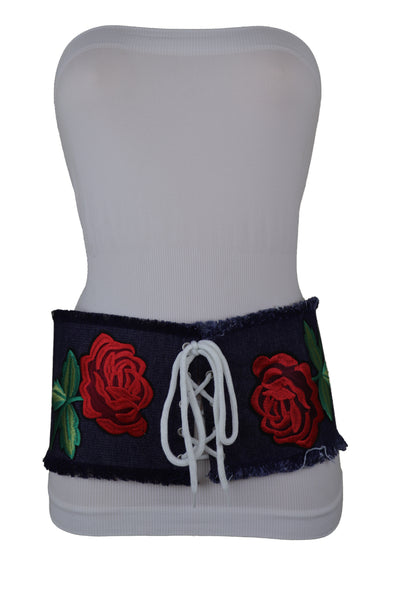 Brand New Women Wide Blue Denim Fabric Corset Fashion Belt Hip Waist Red Flower Size S M