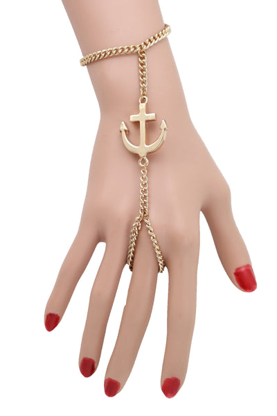 Women Jewelry Nautical Fashion Bracelet Gold Metal Hand Chain Anchor Charm Ring One Size Fits All
