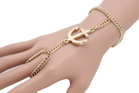 Brand New Women Jewelry Nautical Fashion Bracelet Gold Metal Hand Chain Anchor Charm Ring